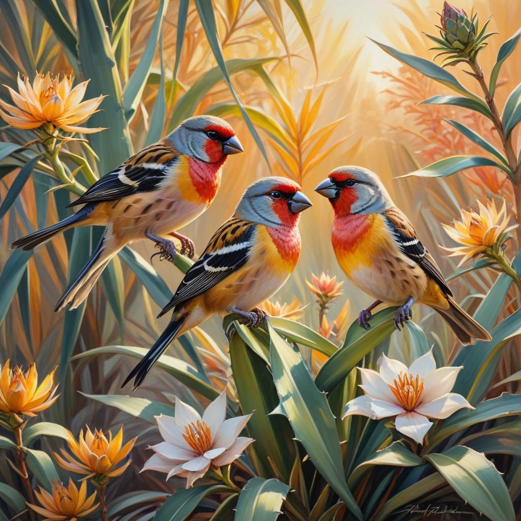 Finches Cavorting in Agave Plant: Impressionist Oil Painting
