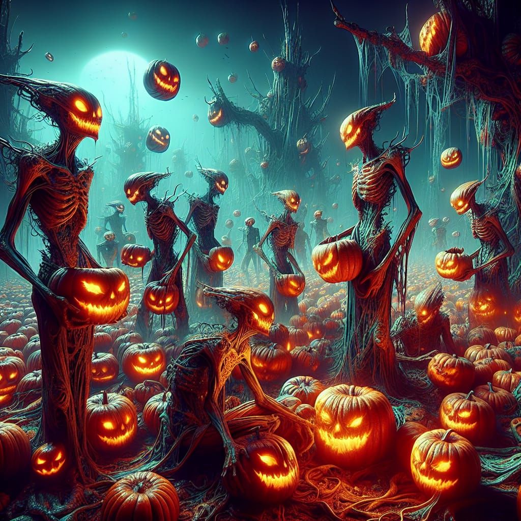 Eldritch Jack-o'-Lantern Figures Harvesting in Dark Realm