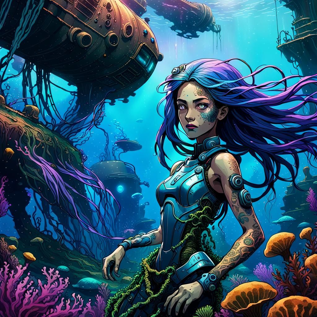 Cyborg Mermaid and Sunken Submarine in Cyberpunk Style