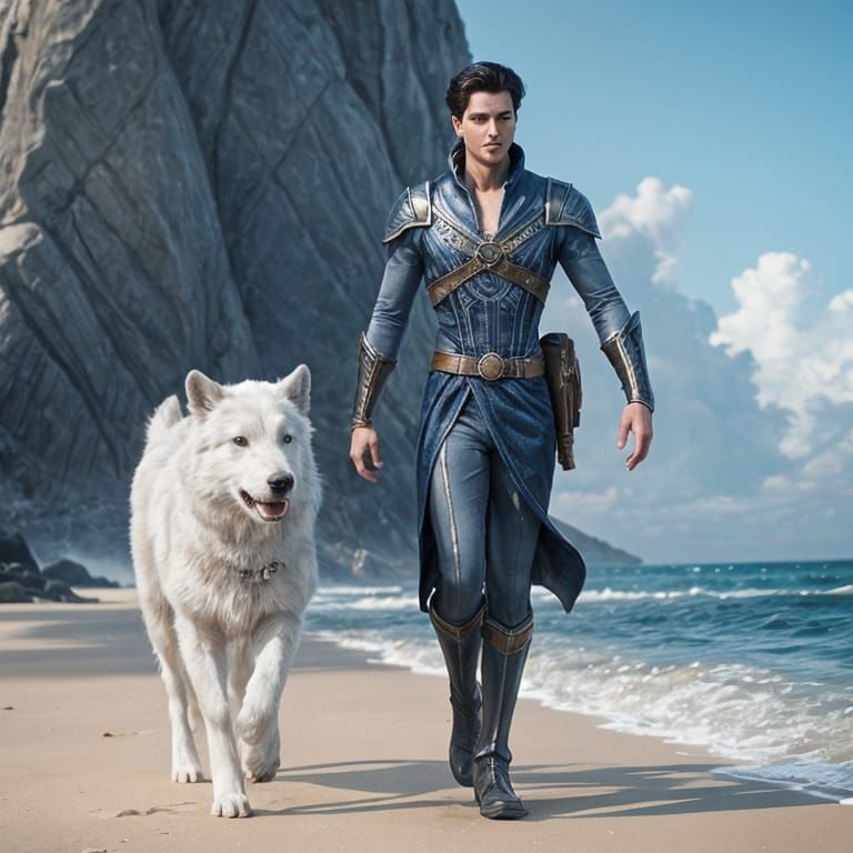 Prince Eric on Beach with Loyal Sheepdog Max in Vibrant 3D D...