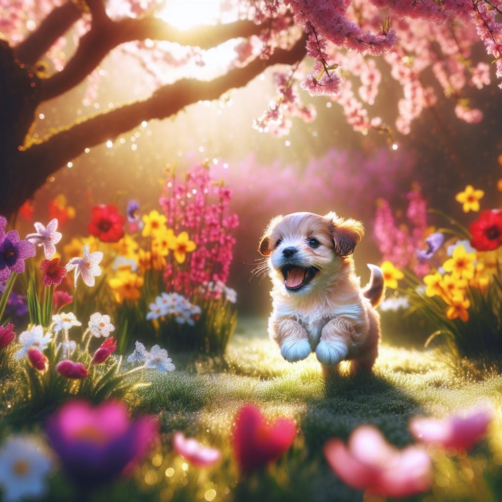 Vibrant Spring Garden Puppy in Joyful Play