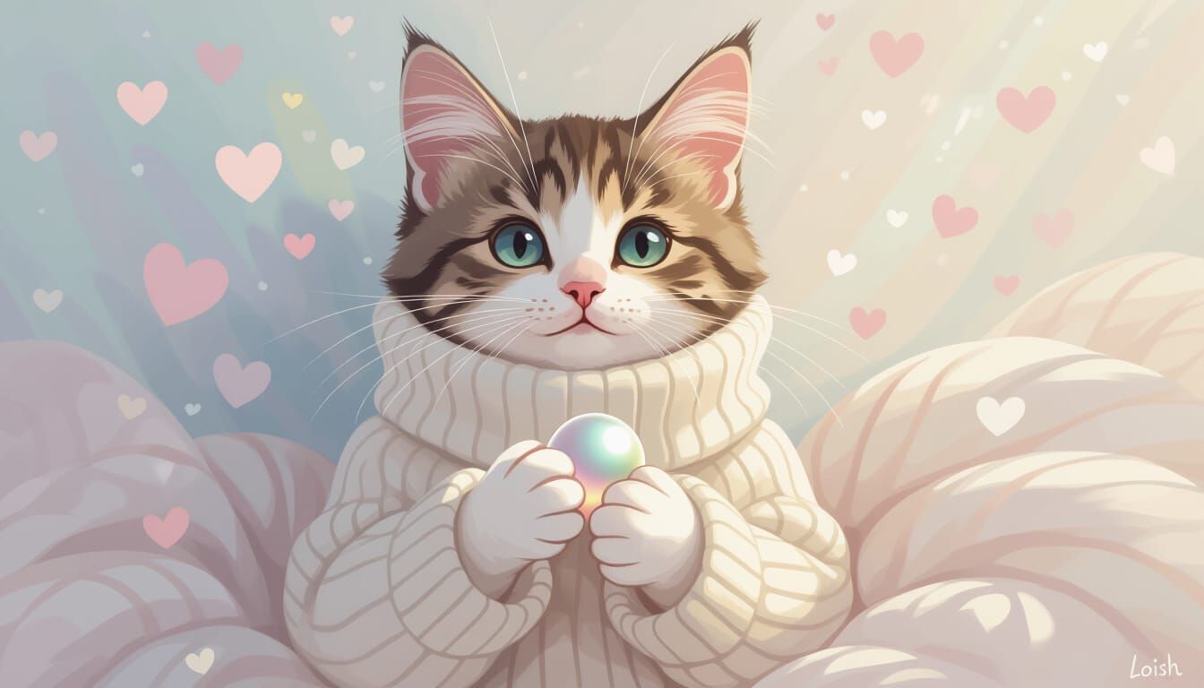 Cat with Pearl: Whimsical Digital Art