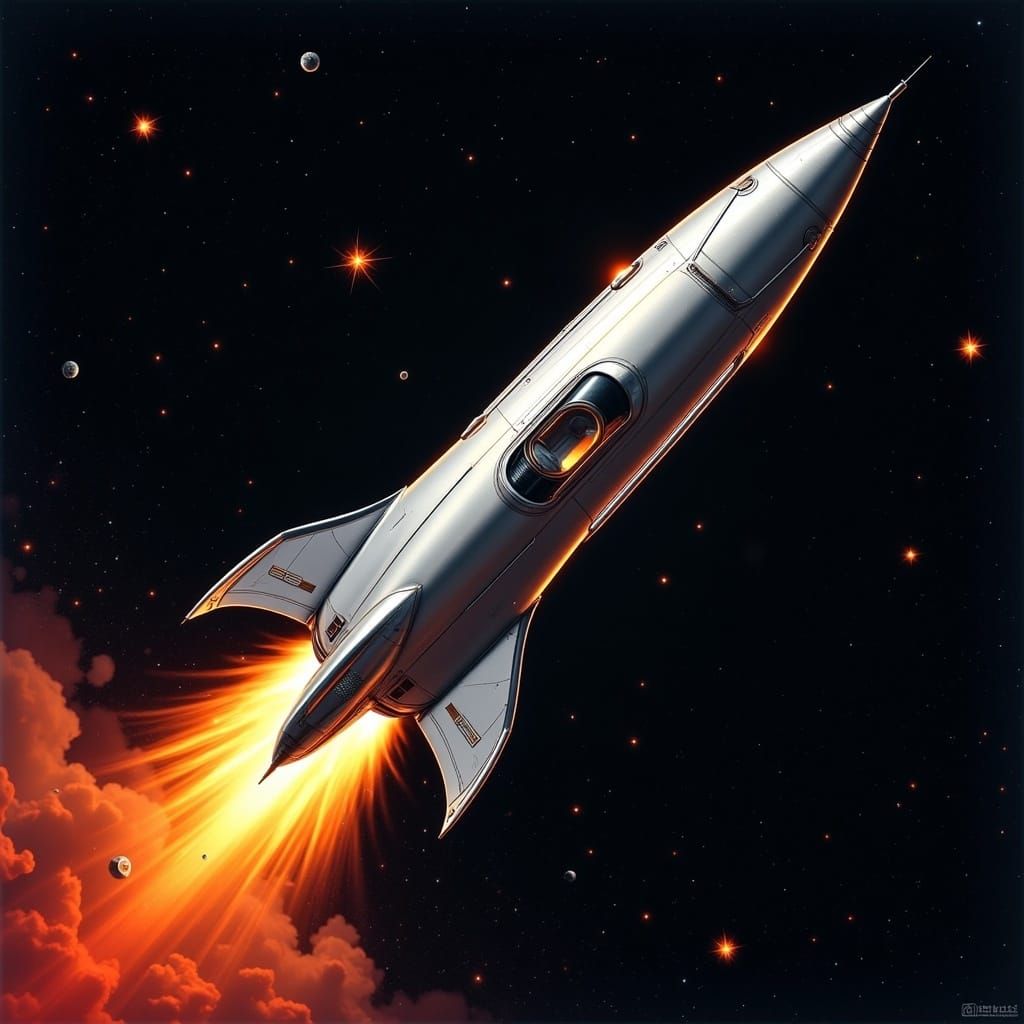 Retro-Futuristic Rocket Blasts Through Space