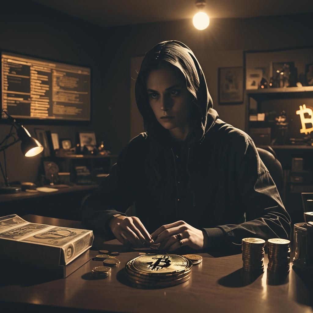 Moody Film Noir Scene with Bitcoin and Shadowy Figure