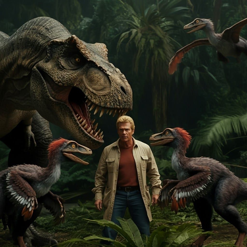 Tyrannosaurus Rex Confronts Man in Jungle Clearing