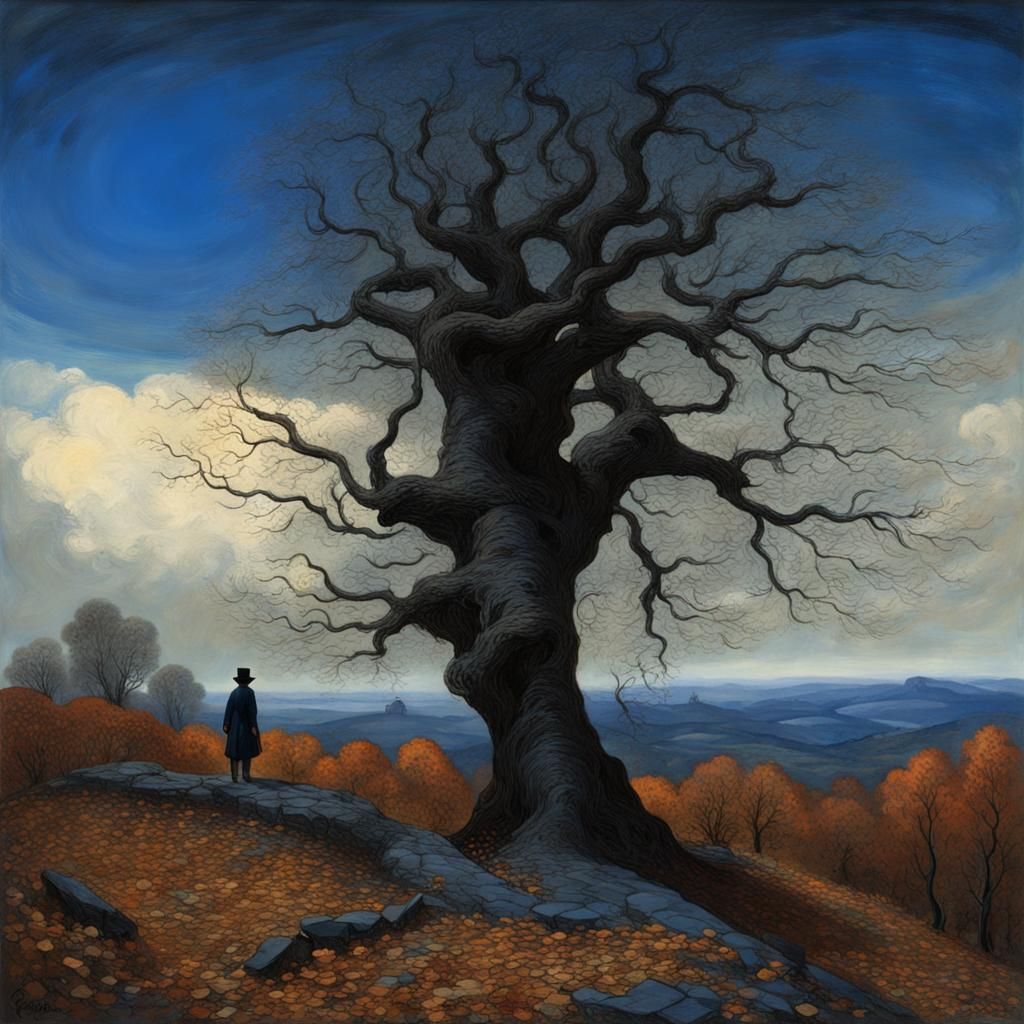 Bare Sycamore Tree in Autumn Landscape