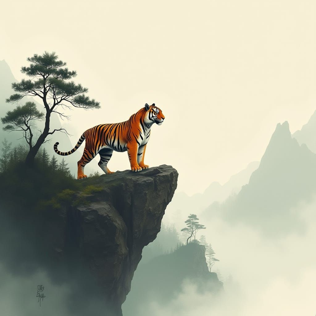 Tiger on Misty Cliff in Zen Ink Style