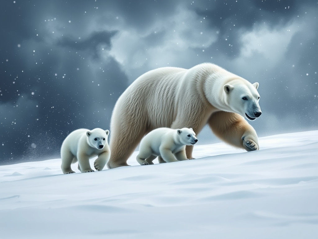 Majestic Polar Bear Family Walks in Snowy Storm