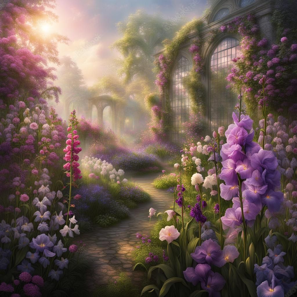 Sunlit Blooming Garden with Fog: Cinematic Digital Painting