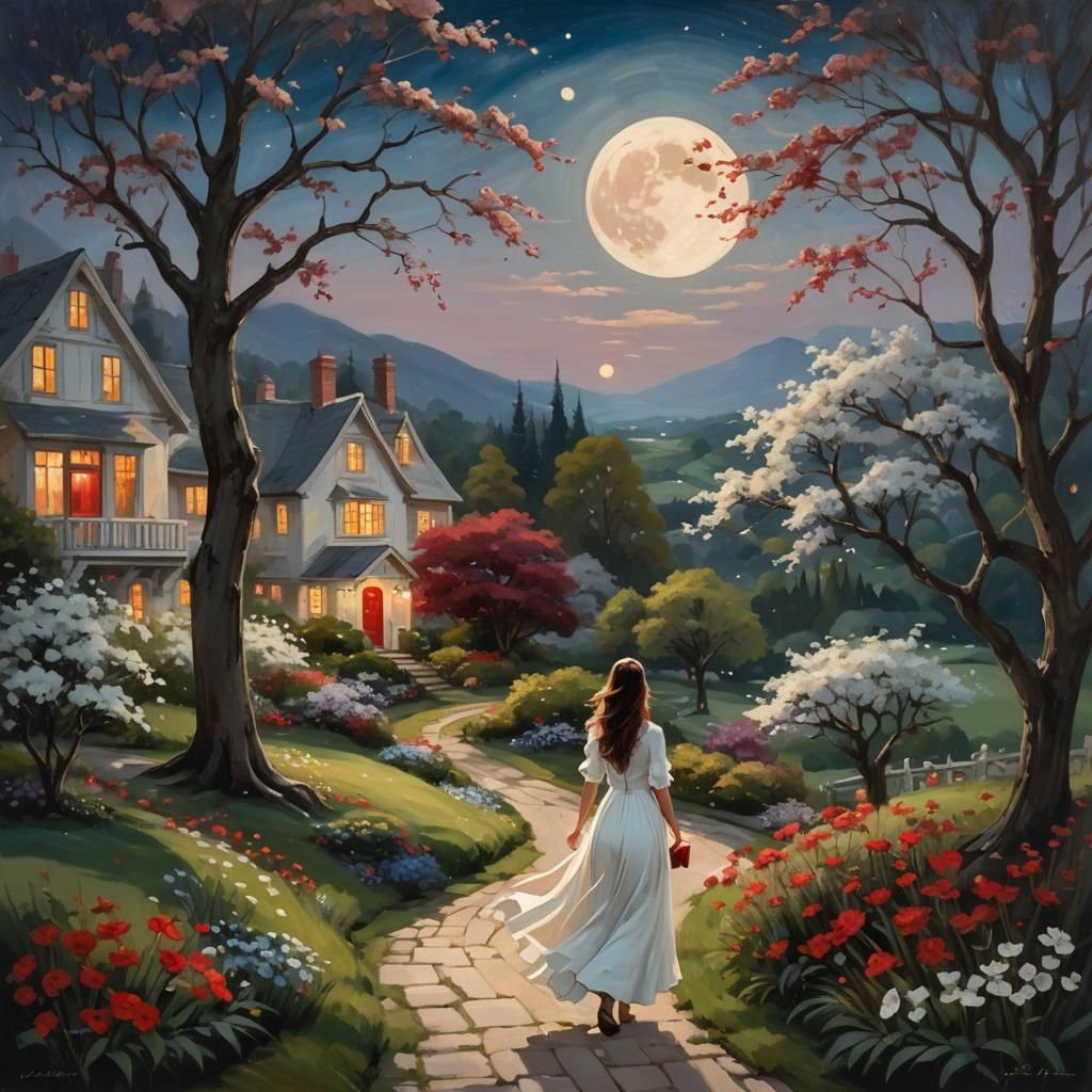 A young woman in a white dress with flowing hair walks along...