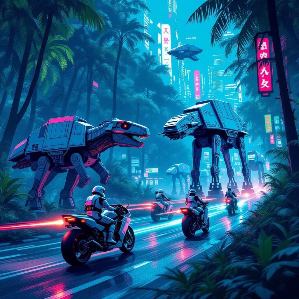 Dinosaurs Battle Stormtroopers in Neo-Tokyo Jungle