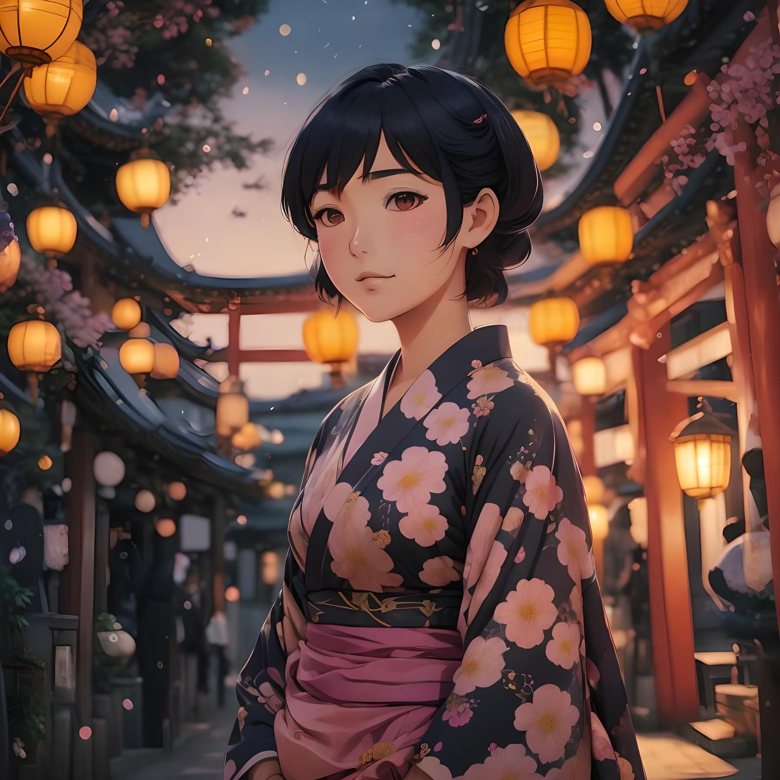Thai Woman at Shrine Festival in Anime Style