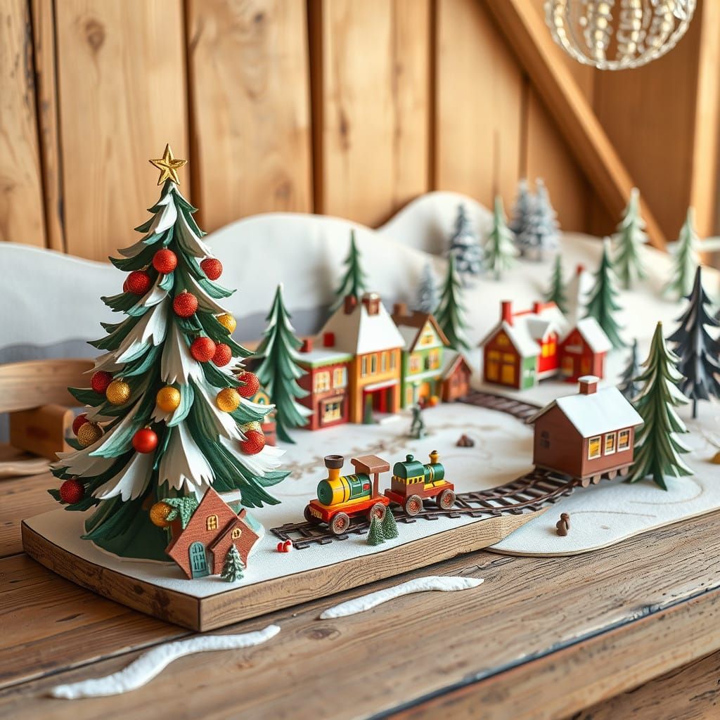 Whimsical Christmas Village Scene in Rustic Woodland Style