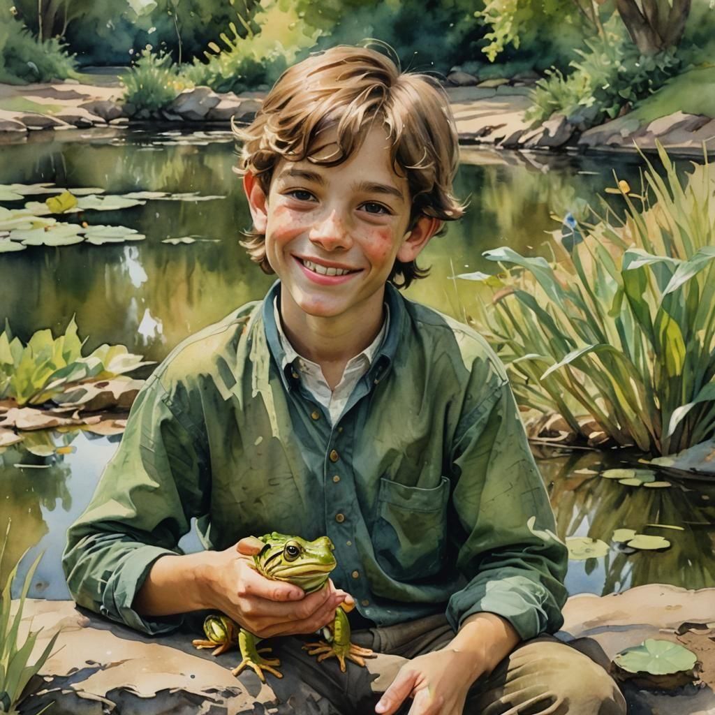 Smiling Boy Holding a Bullfrog Watercolor