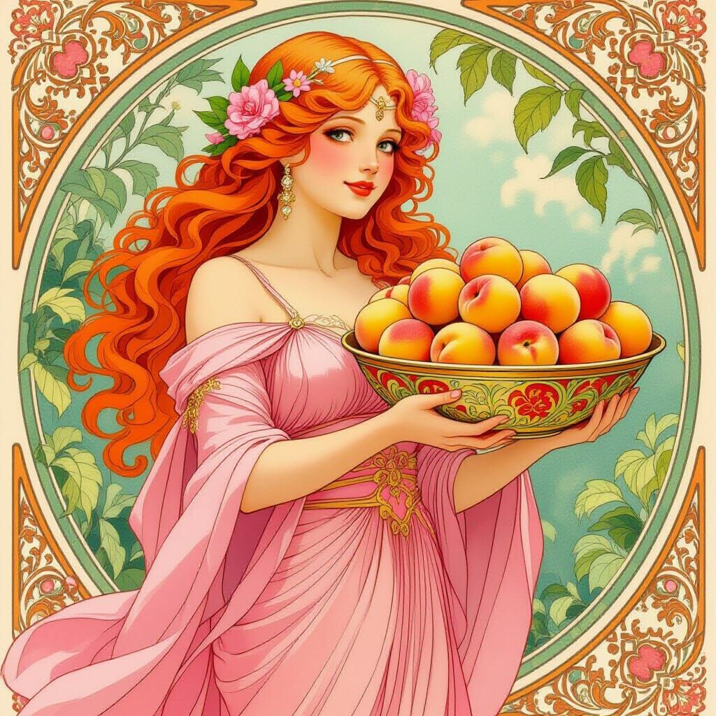 Goddess of Peaches in Art Nouveau Style