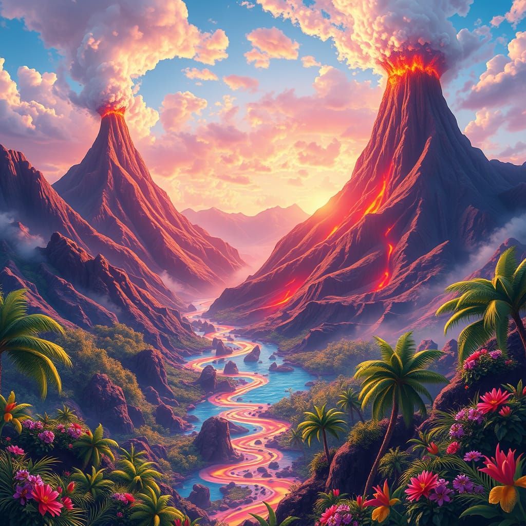 Surreal Hawaiian Landscapes with Iridescent Volcanoes and Wh...