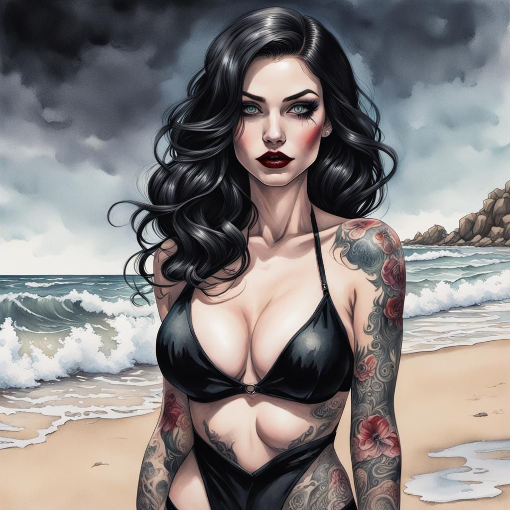 Gothic Pin-Up Woman on Beach in Comic Art Style
