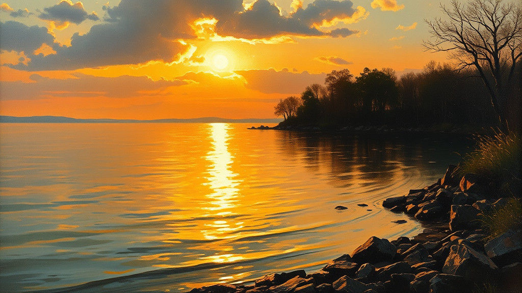 Lakeside Sunset with Impasto Brushwork and Golden Light