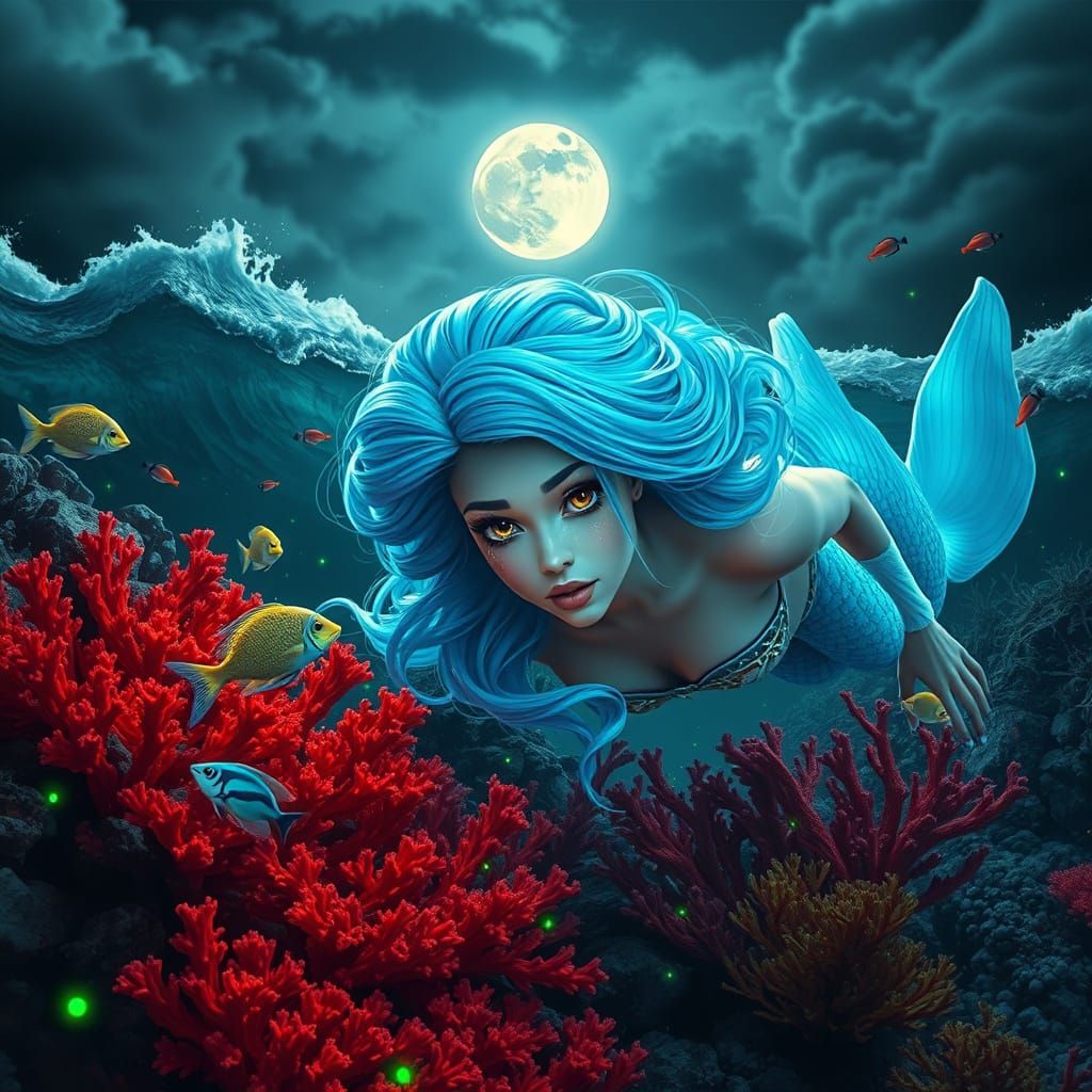 Hyperrealistic Mermaid with Fluorescent Hair in Stormy Seas