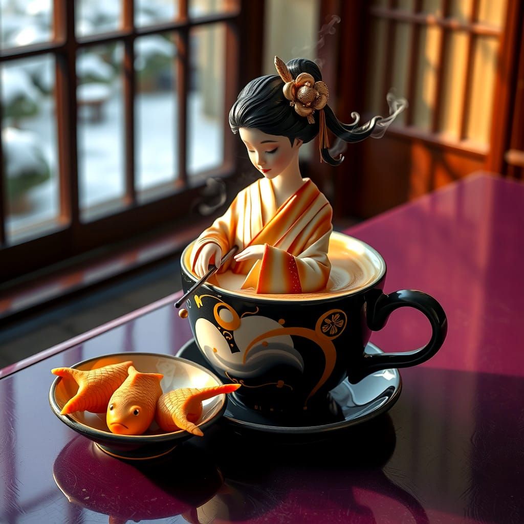 Surreal Latte Art: Geisha Playing Koto Sculpture