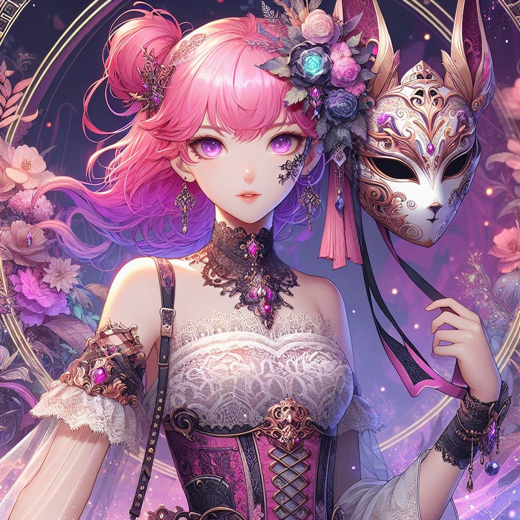 Anime Woman with Deer Mask in Fantasy Style