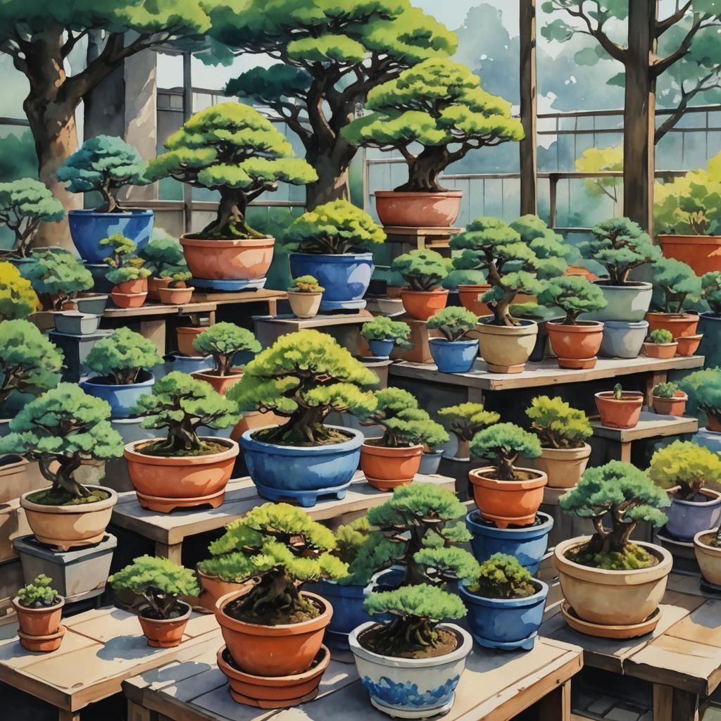 Bonsai Nursery in Tokyo in Gouache Style