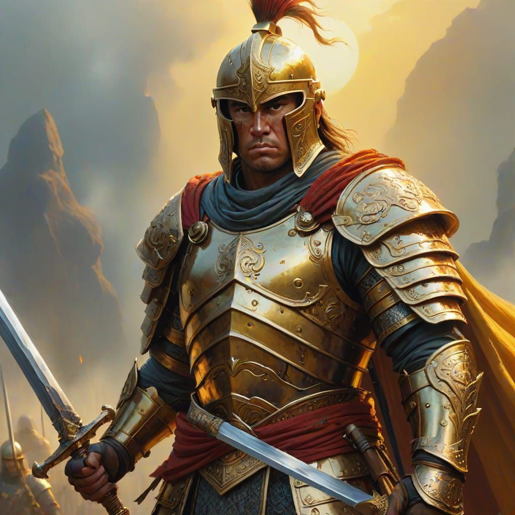 Warrior with Sword in Fantasy Oil Painting