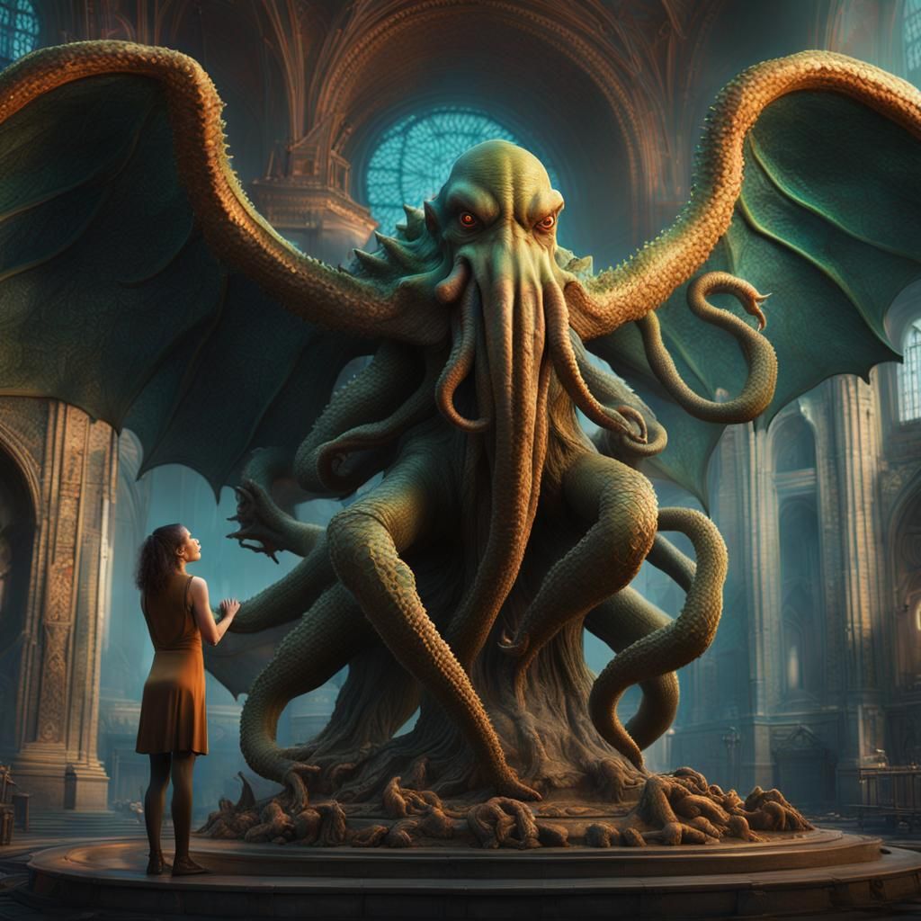 Woman Worshipping Winged Cthulhu Statue in Photorealistic St...