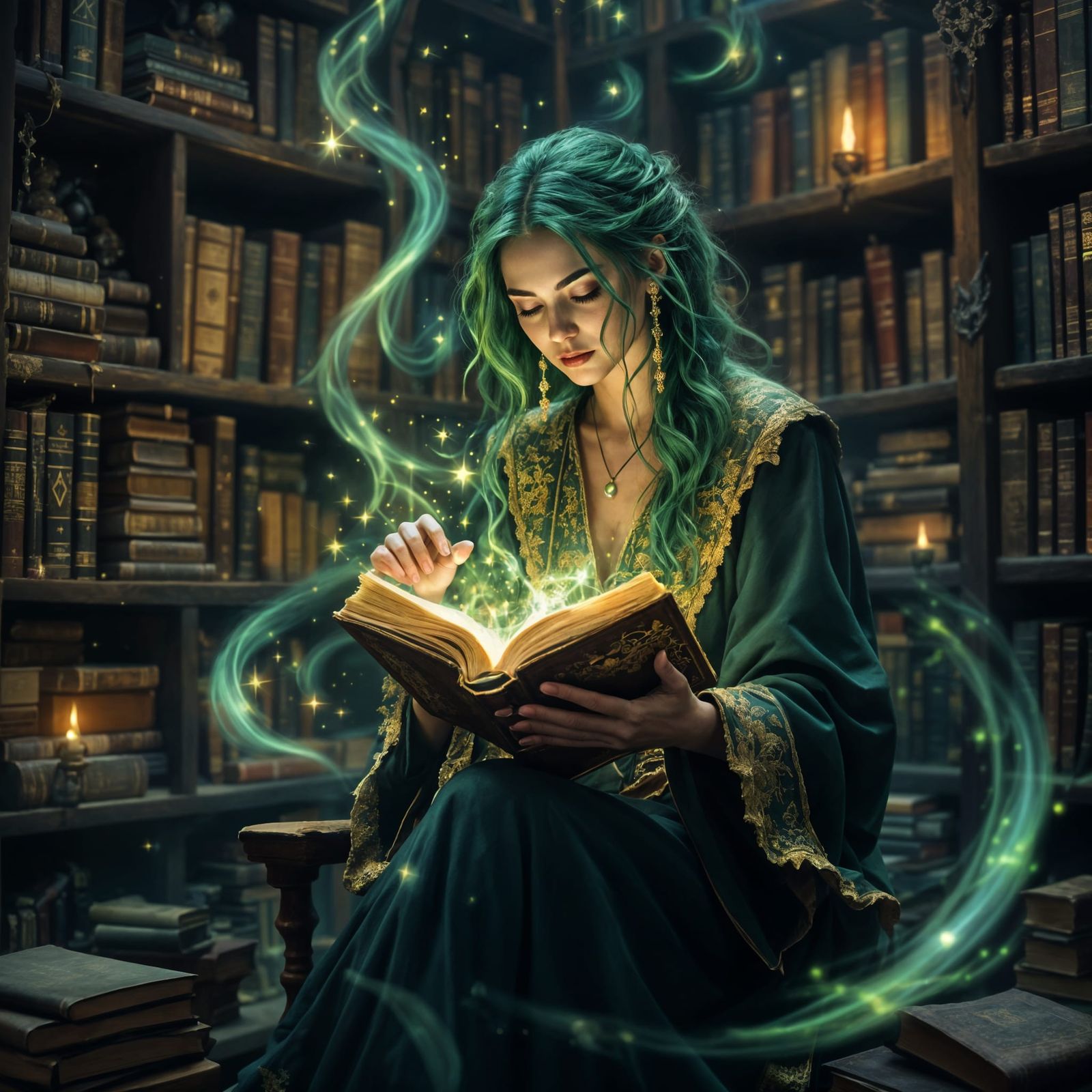 Fantastical Green Haired Witch in a Library of Magical Tomes