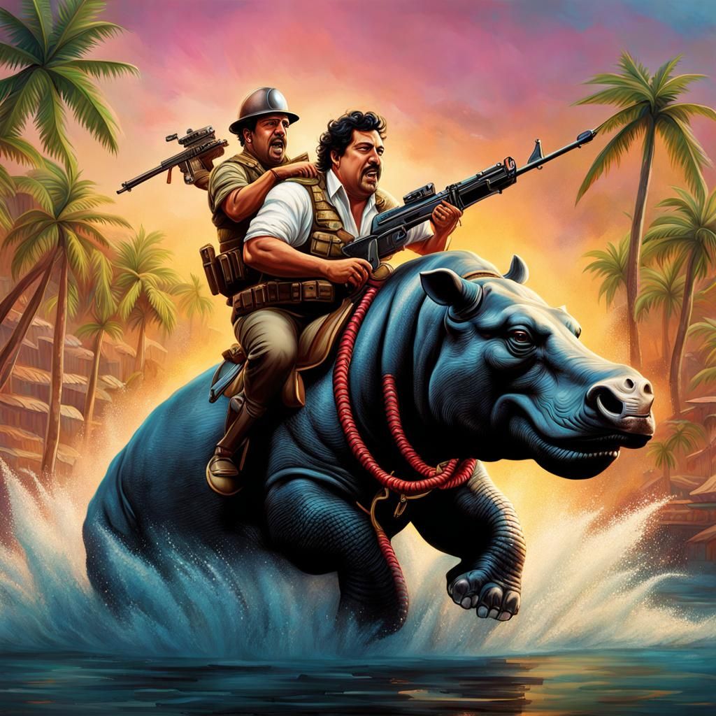 Escobar on Hippo Battles Trojan Soldier: Hyperrealistic Art