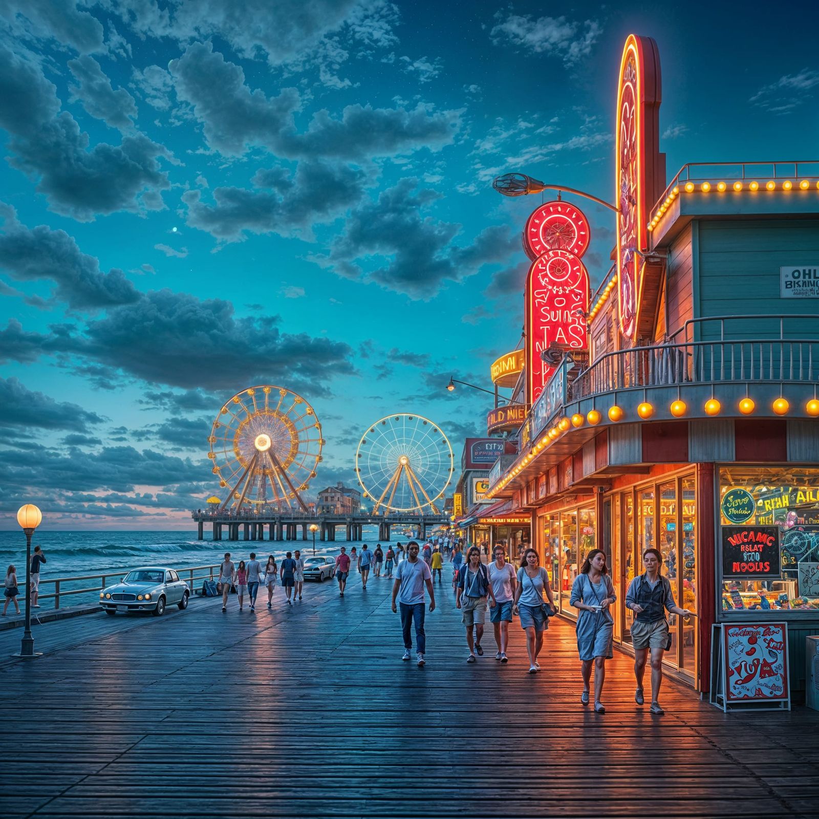 Vibrant Boardwalk Scene in Synthwave Neon Retro Style