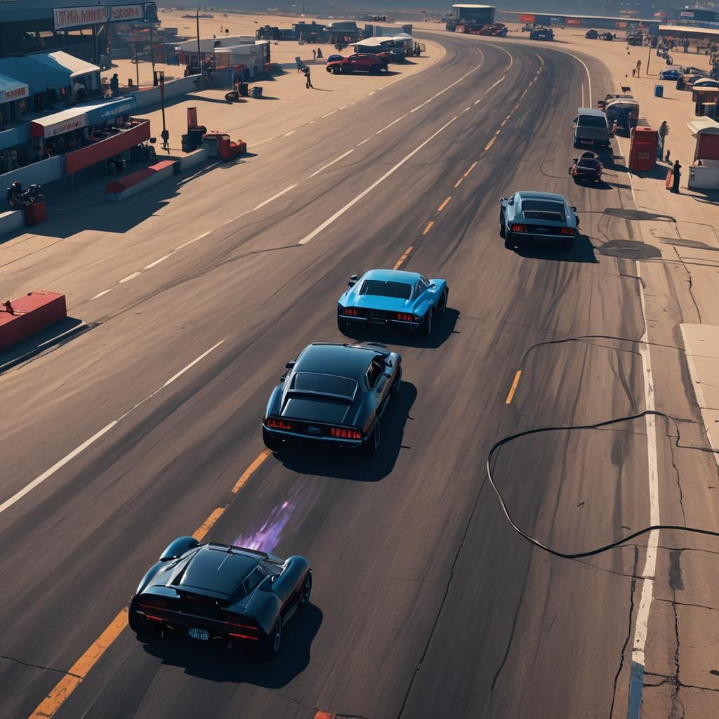 Drag Strip Car with Smoking Wheels in Matte Painting Style