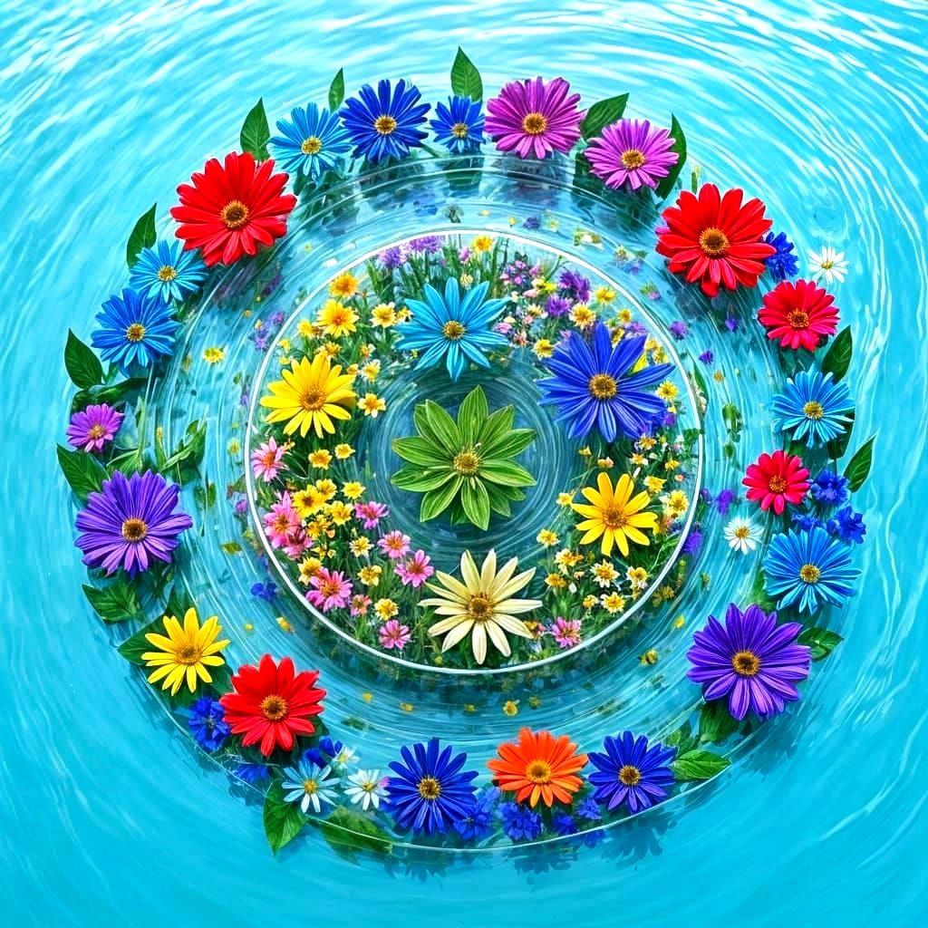 Plastic Flower Figures Reflecting on Water's Surface