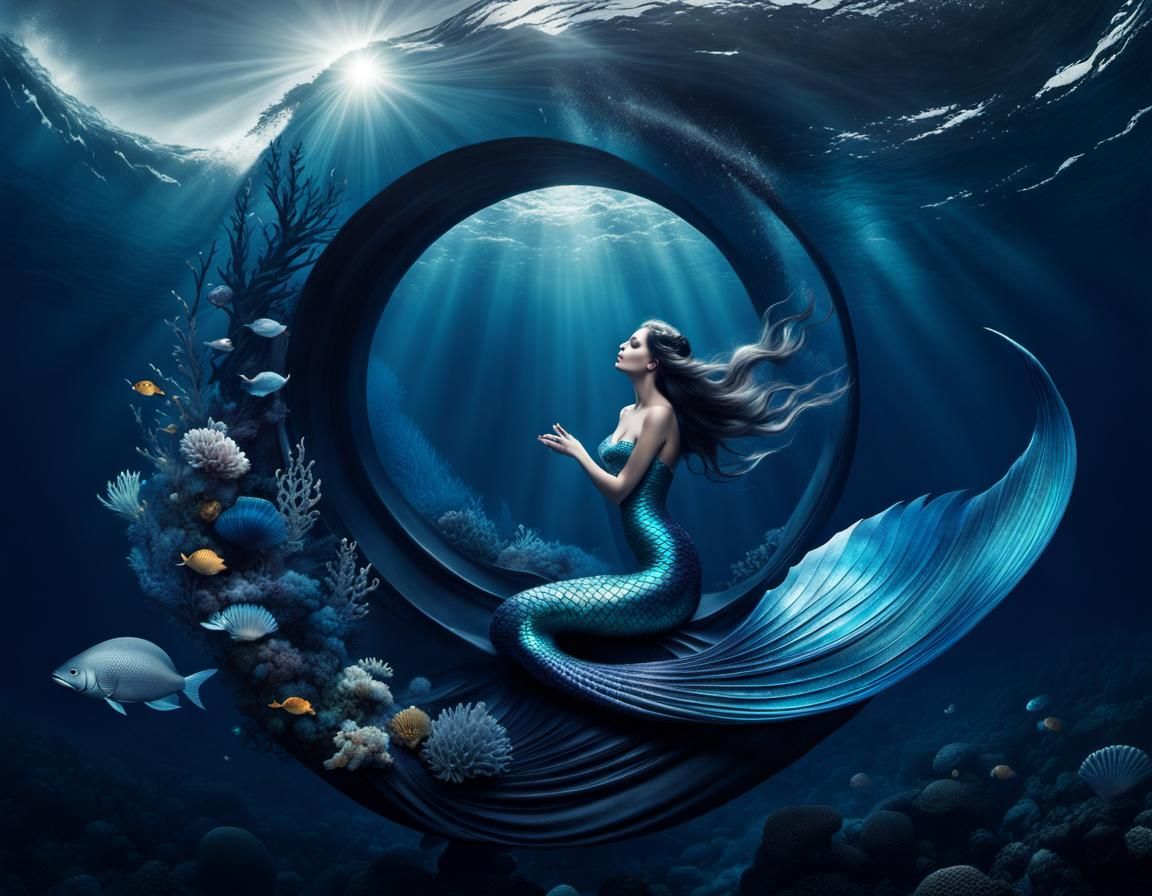 Beautiful Mermaid in Dark Blue Ocean, Energy-Filled Illustra...