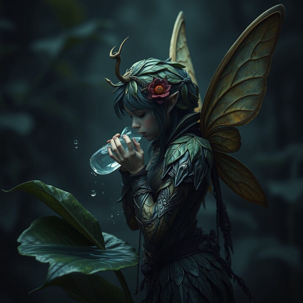 Serene Fairy Moments Amidst Leafy Armor and Water