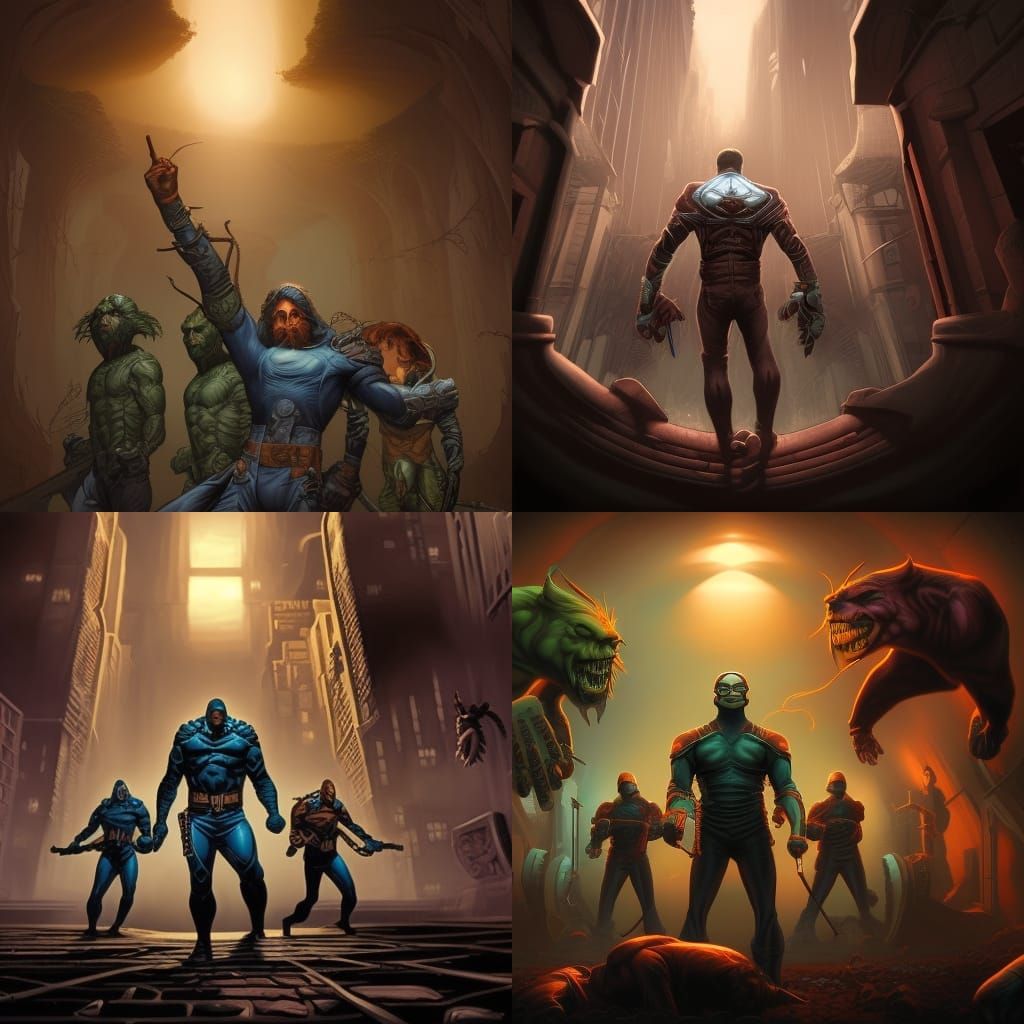 Antihero Surrounded by Clones: Detailed Matte Painting