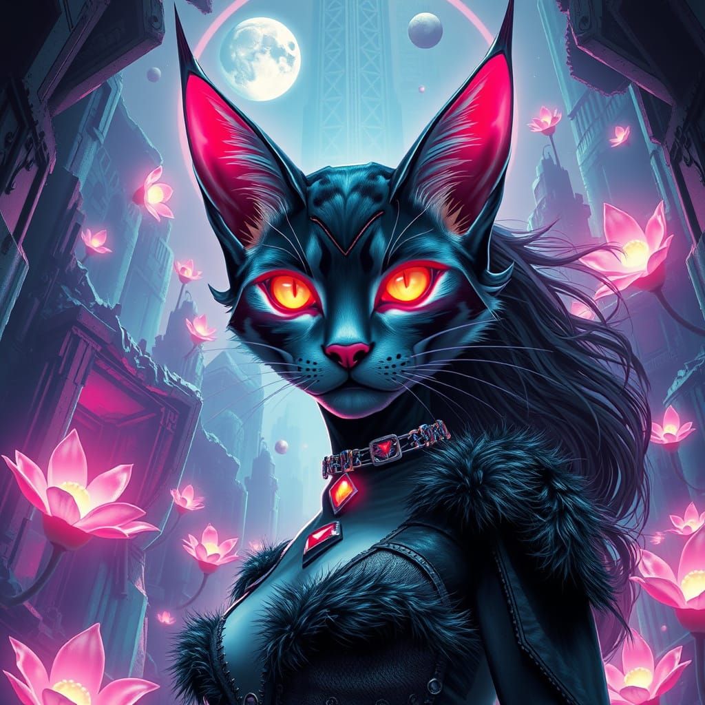 Cat Goddess Ascends in Neon Jungle
