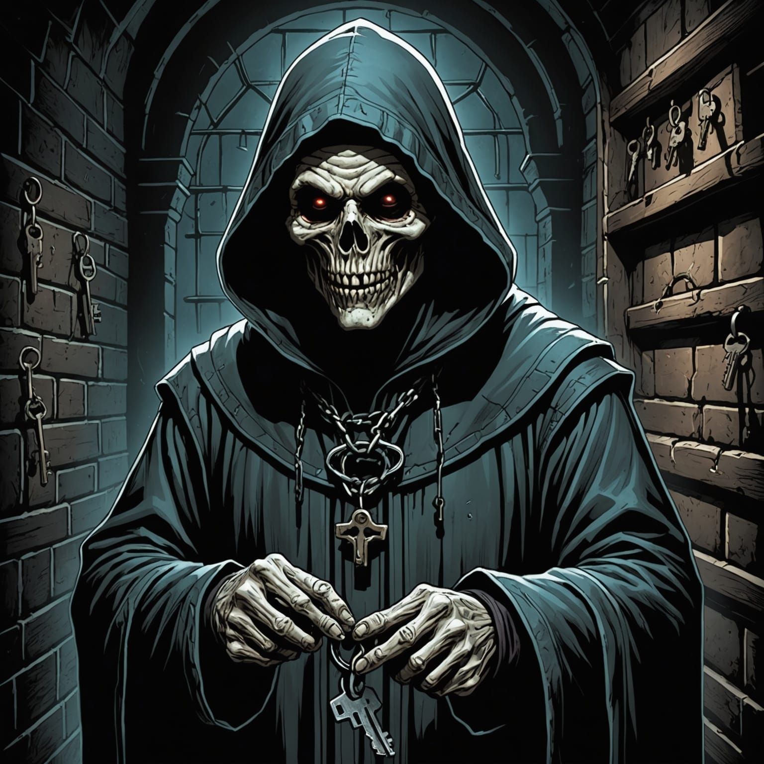 Hooded Ghoul with Keys in Dark Cellar