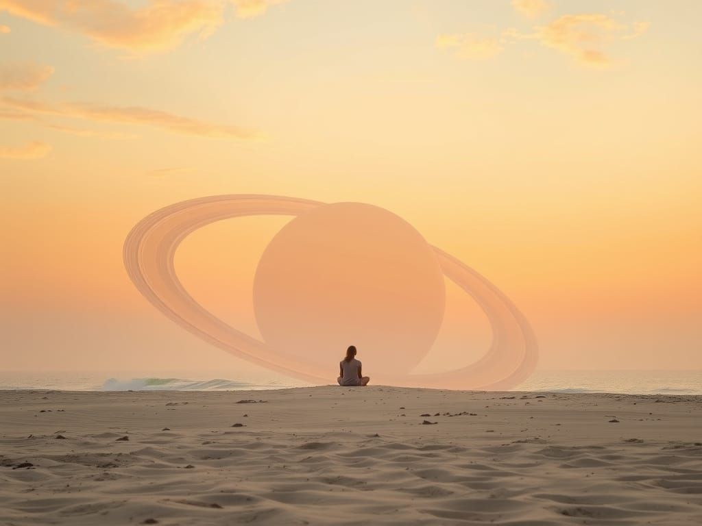 A Person Sits on Saturn's Rings in a Dazzling Beach Scene
