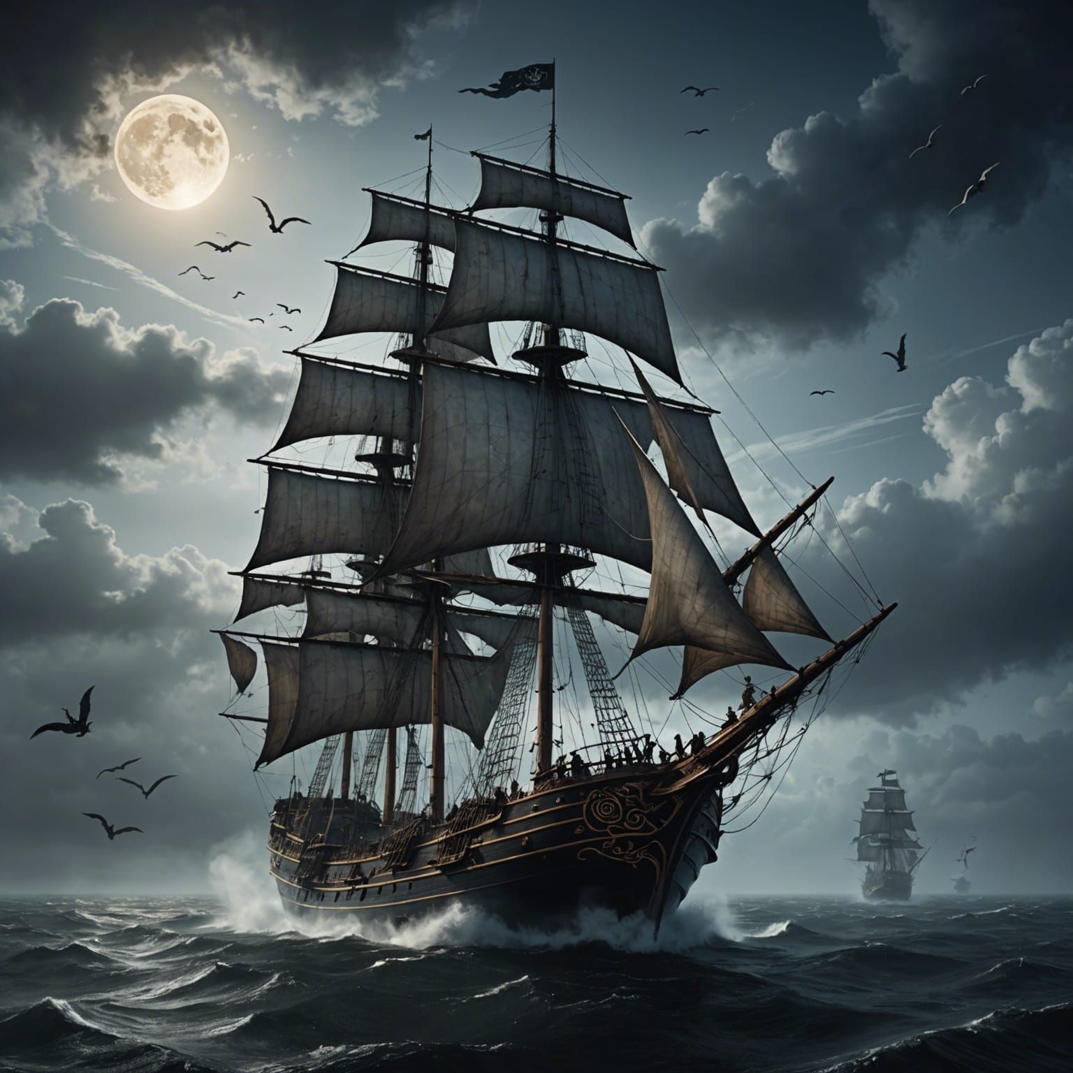 Ghostly Sailship Drifting in Stormy Astral Sky