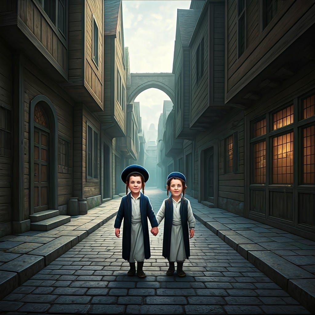 Whimsical Children Walk Down Ancient Cobblestone Street in T...