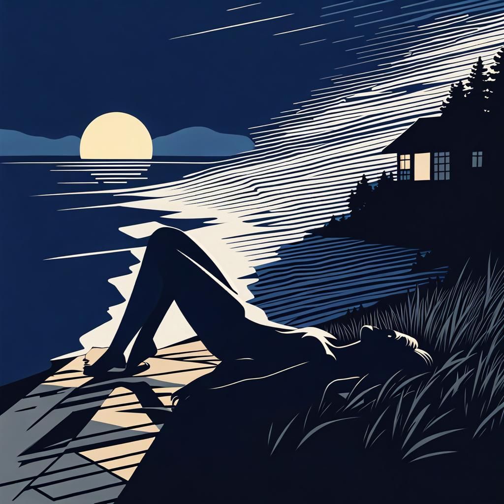 Silhouette in Geometric Finnish Landscape: Ink Cross-Hatchin...