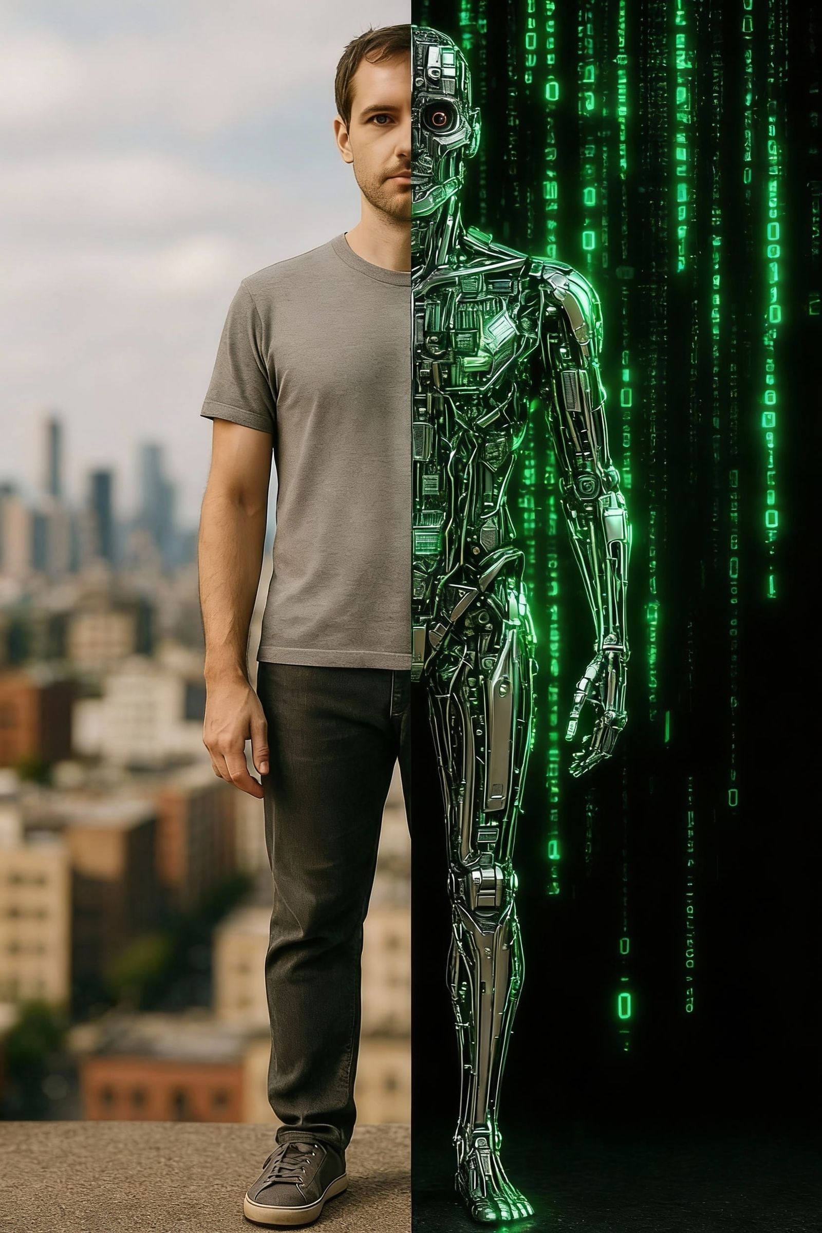 Man Split Between Human and Machine in Symmetrical Portrait