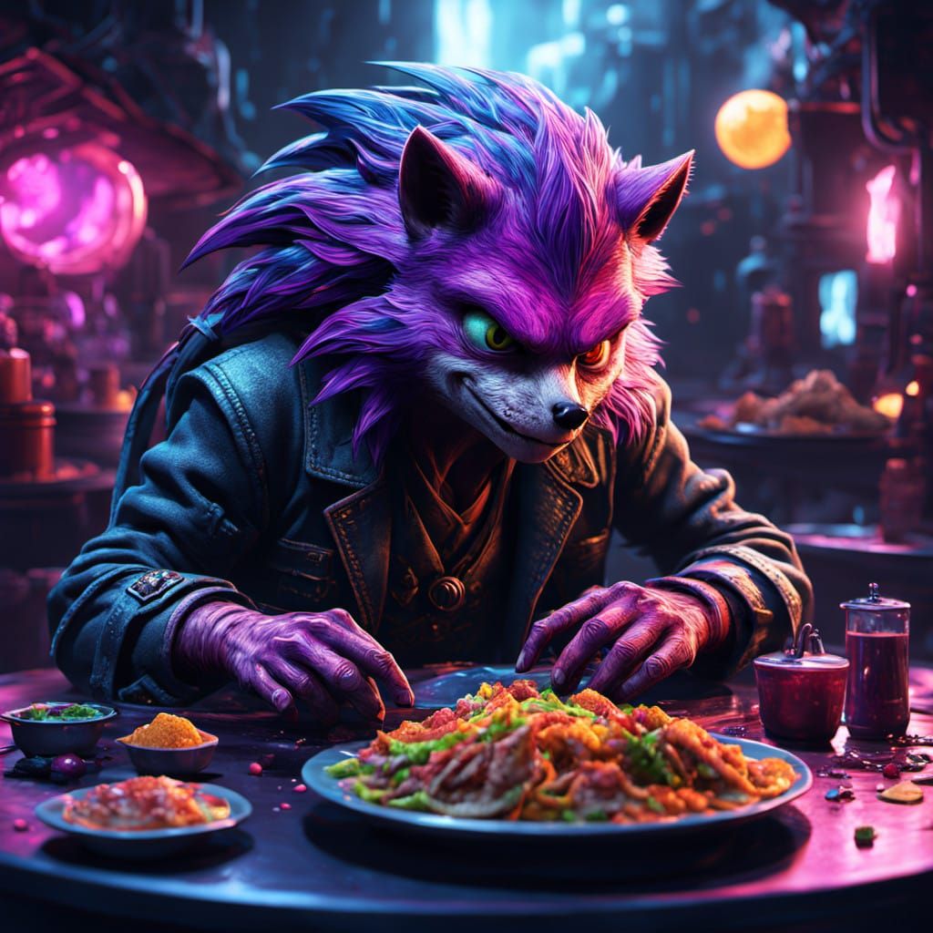 Futuristic Sonic Devours Tacos in Vibrant Pink Room