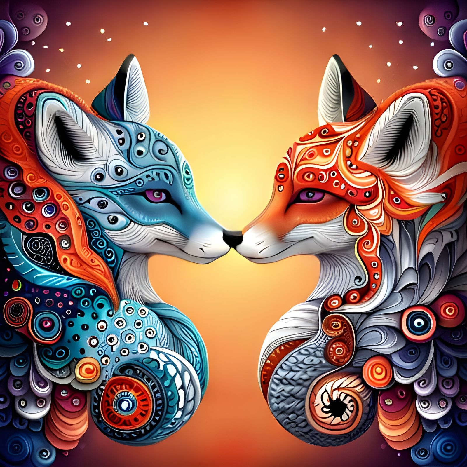 Detailed Foxes in Love Portrait with Yin Yang