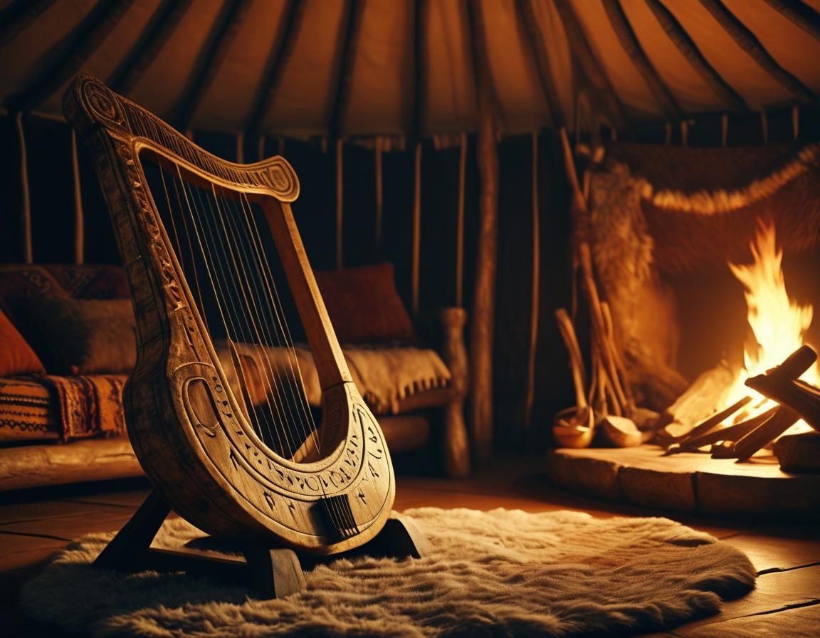 Ancient Lyre on Animal Fur in Moody Lighting