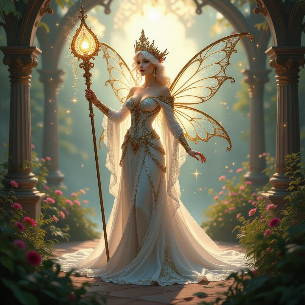 Fractal Glass Fairy Queen with Golden Staff in Impasto Oil S...