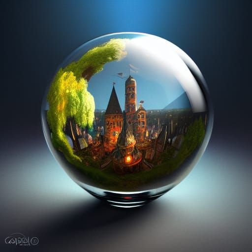 Fantasy World in Glass Sphere, Digital Illustration