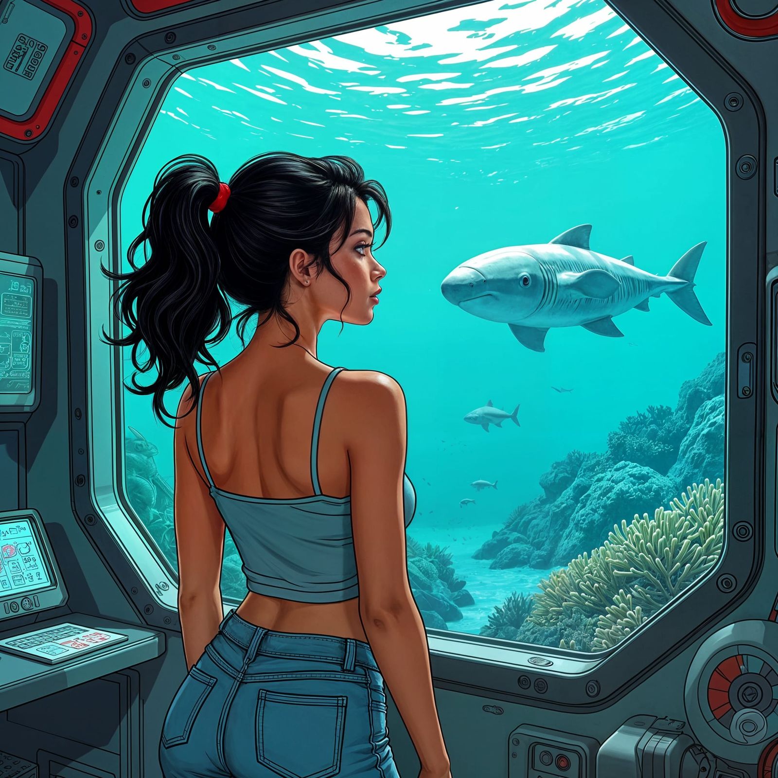Underwater Lab View: Sci-Fi Comic Illustration