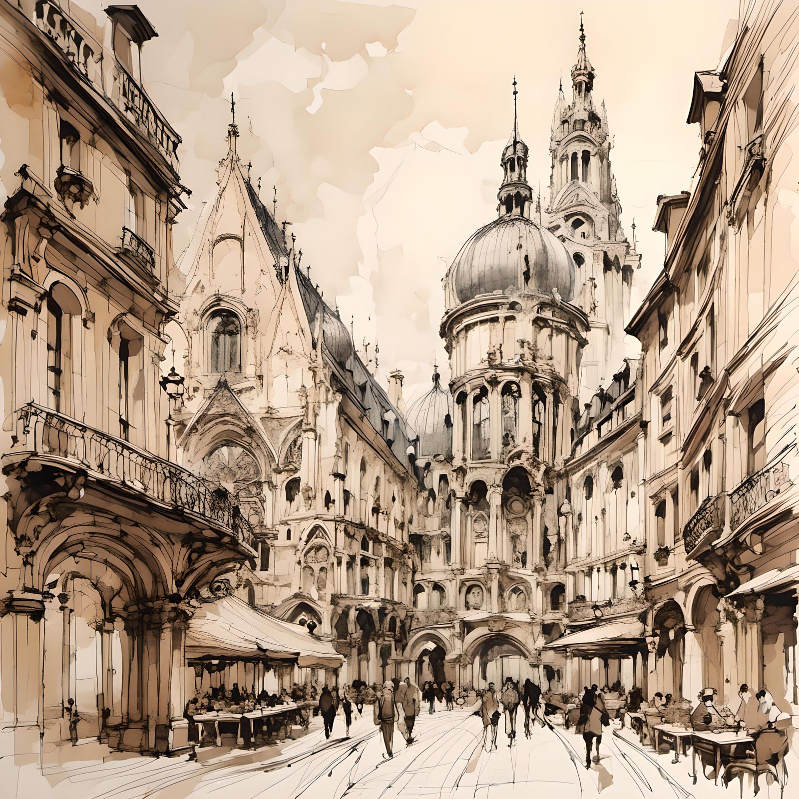 Detailed Architectural Sketch of Rouen, France